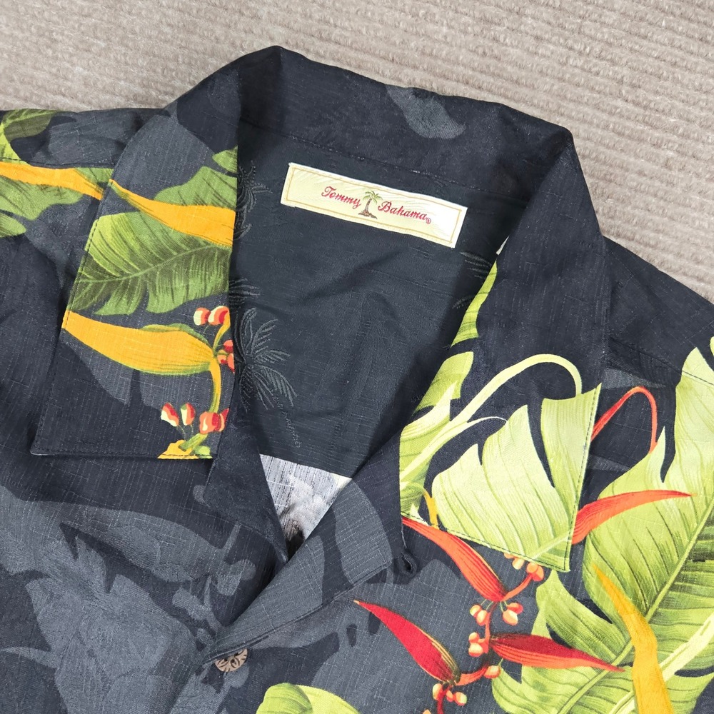 Tommy Bahama Mens Large Black Silk Bird of Paradise Tropical Floral Camp Shirt